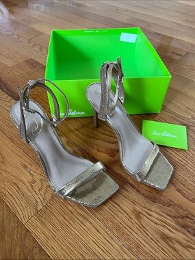 Sam Edelman Gold Metallic Strappy Square-Toe High Heels